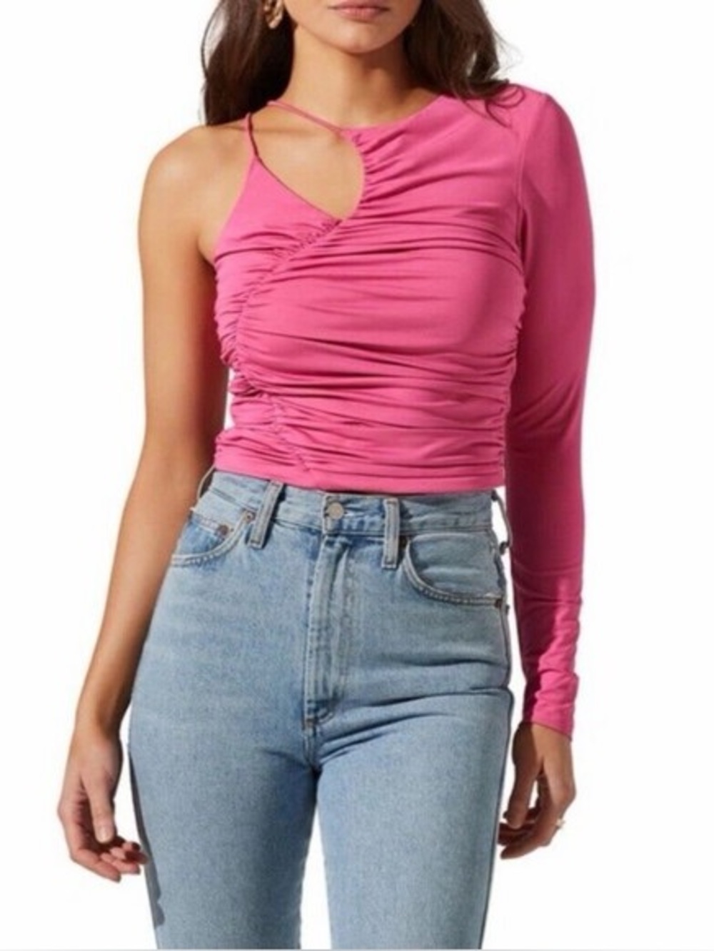 ASTR The Label Asymmetric One Shoulder Ruched Top Hot Pink Punch Large L NWT
